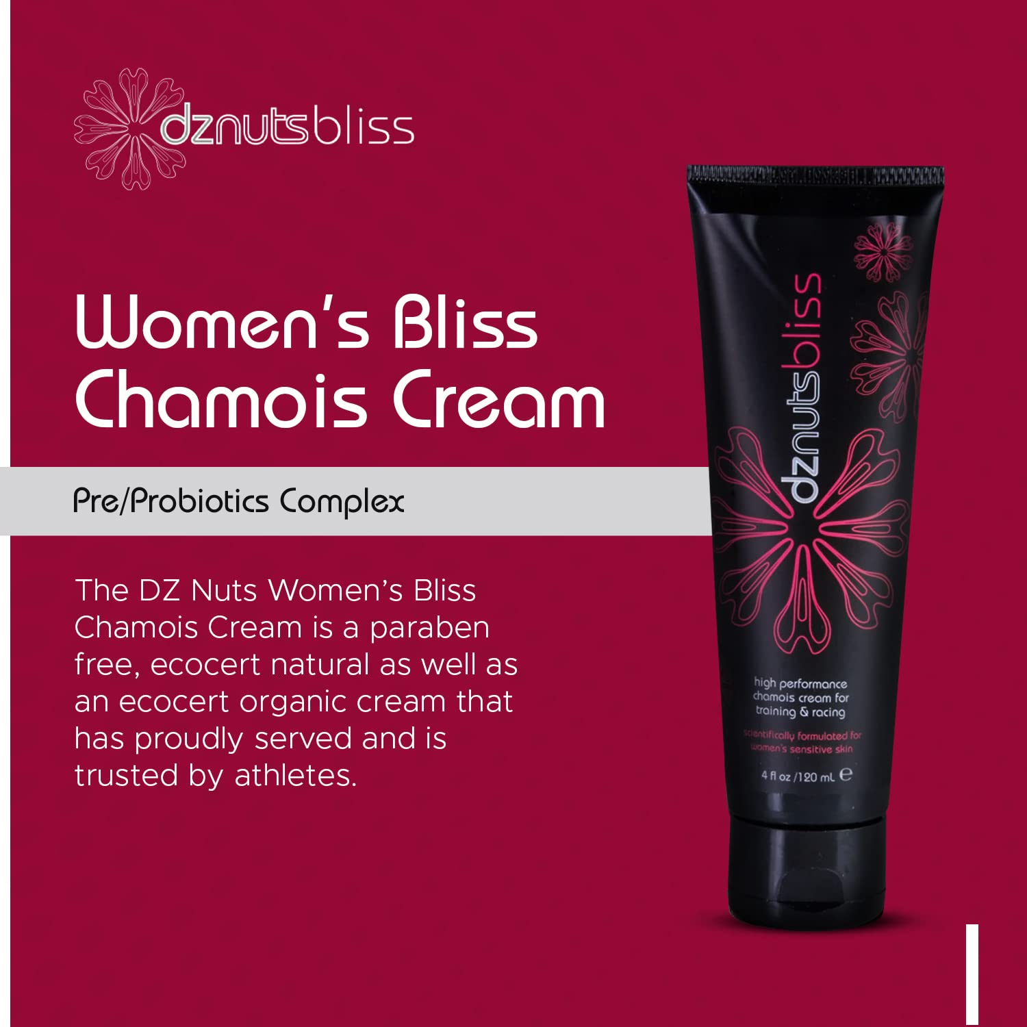 Dznuts Bliss Chamois Cream packaging beside athletic gear