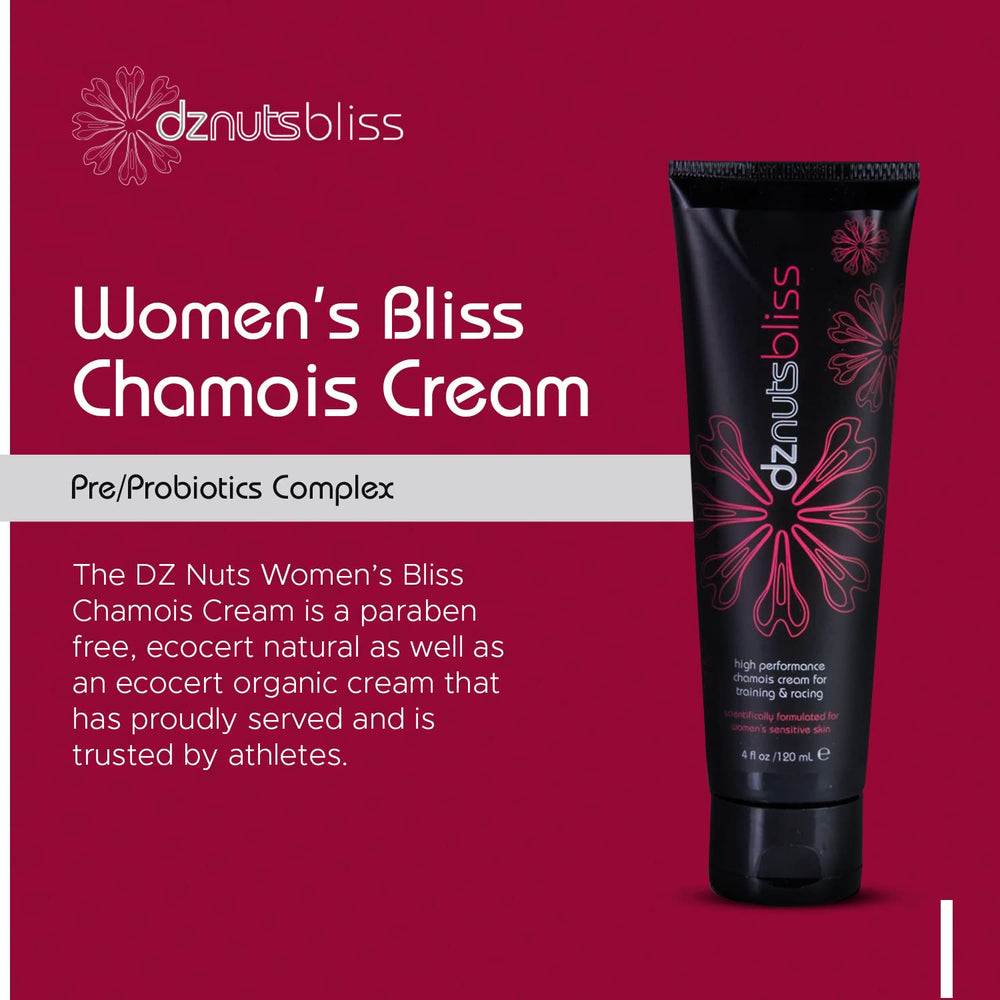 Dznuts Bliss Chamois Cream packaging beside athletic gear