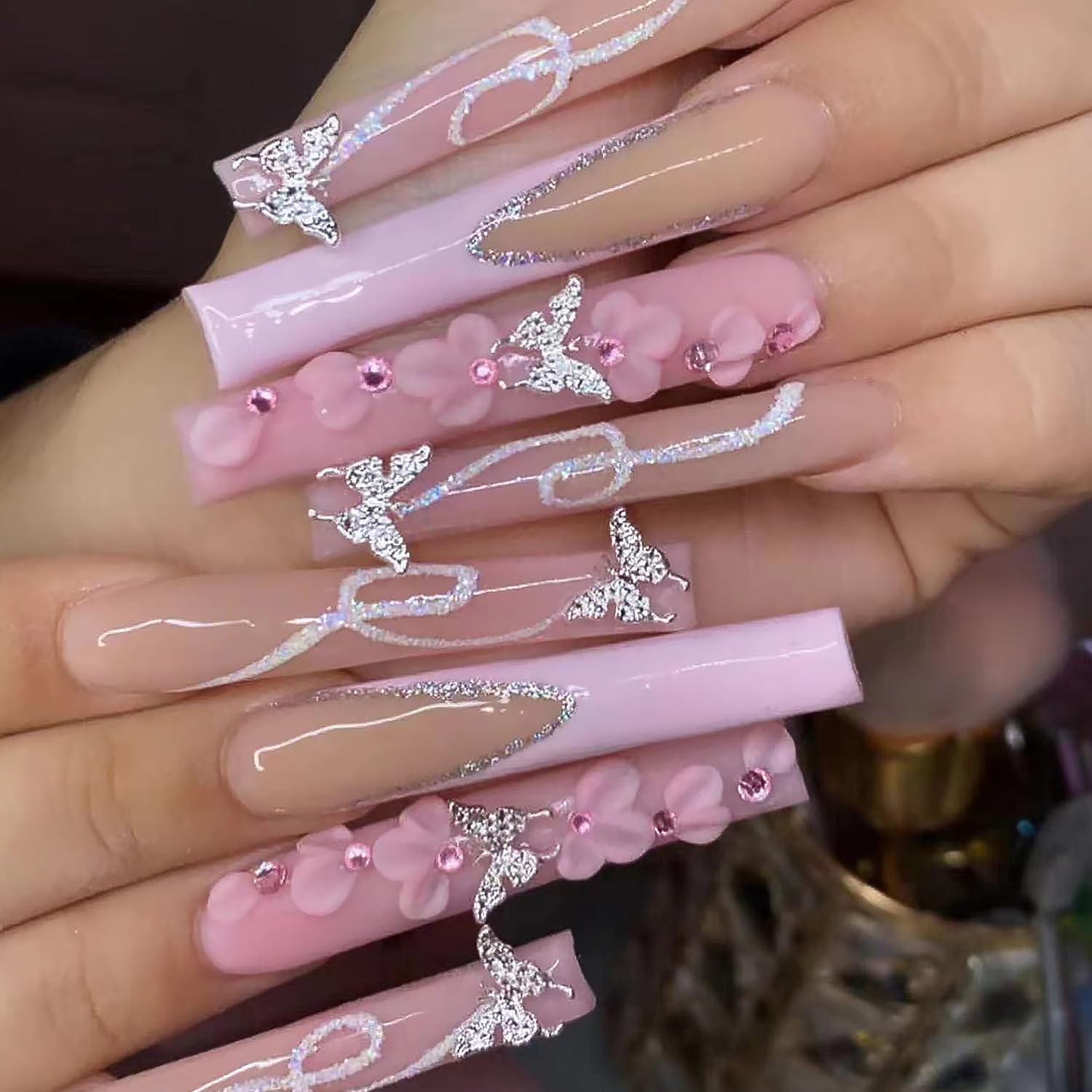 DZPGUONIZ 24-piece long square nails in pink French tip for at-home salon results.