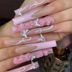 DZPGUONIZ 24-piece long square nails in pink French tip for at-home salon results.