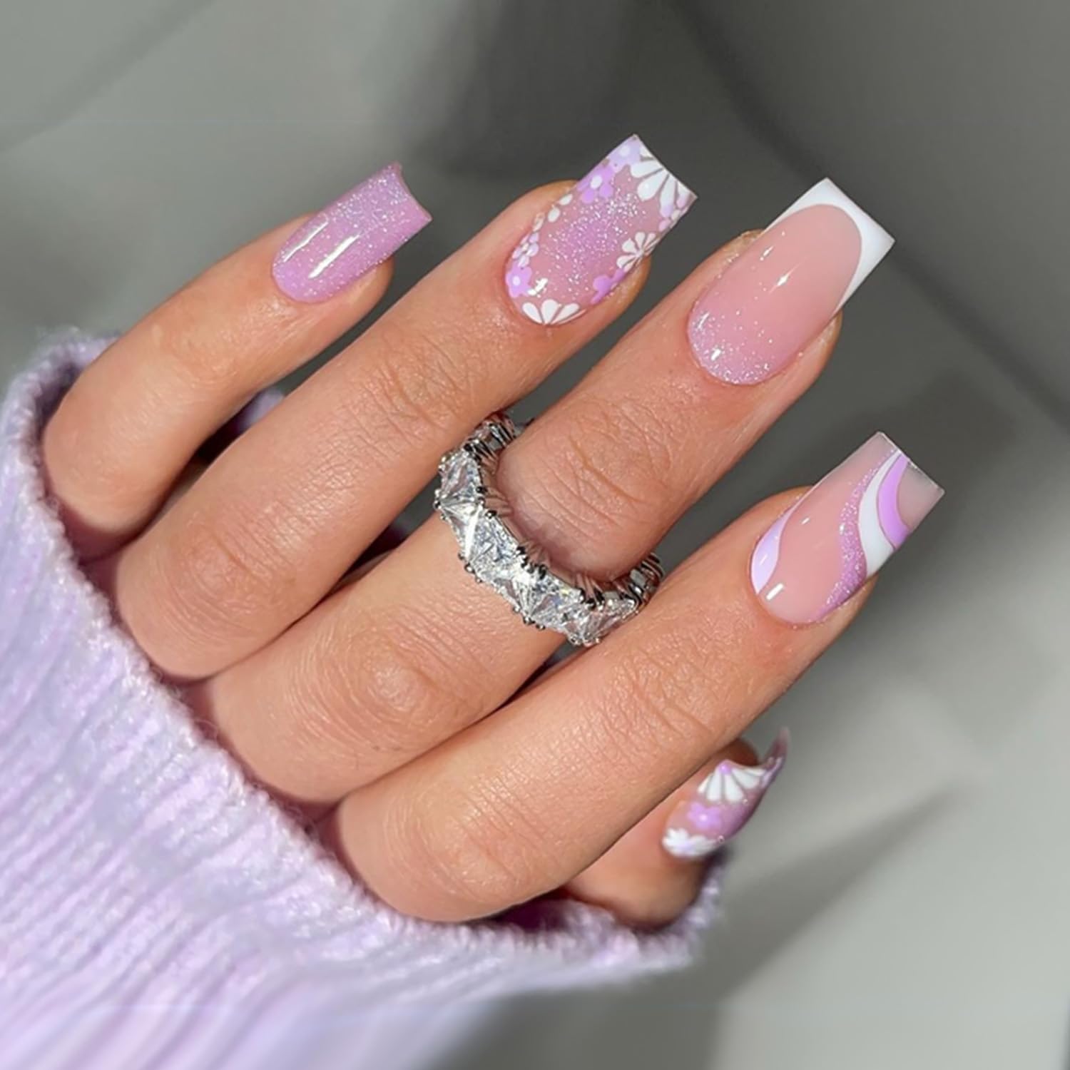 DZPGUONIZ square press-on nails with hot pink glitter flower design for quick glam
