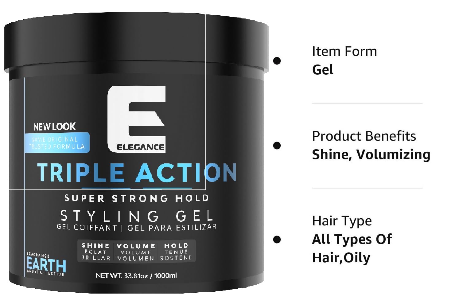 E Elegance Earth Fragrance strong-hold gel demonstrates lasting hold for all-day styling.