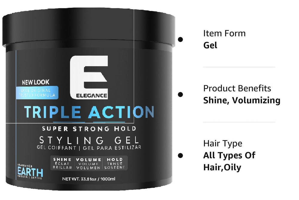 E Elegance Earth Fragrance strong-hold gel demonstrates lasting hold for all-day styling.