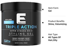 E Elegance Earth Fragrance strong-hold gel demonstrates lasting hold for all-day styling.