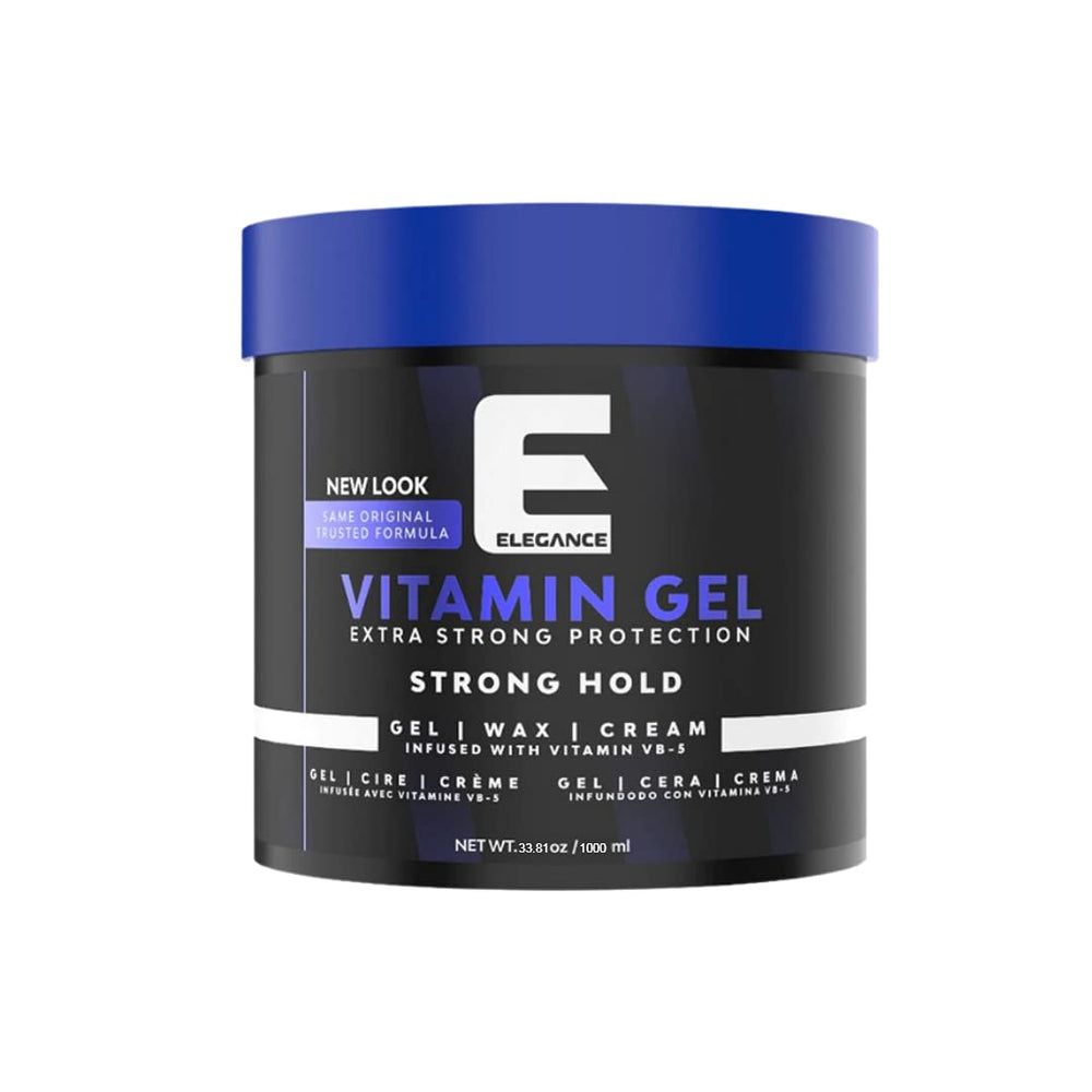 E Elegance bottle shows Elegance Vitamin Gel for premium protection and shine.