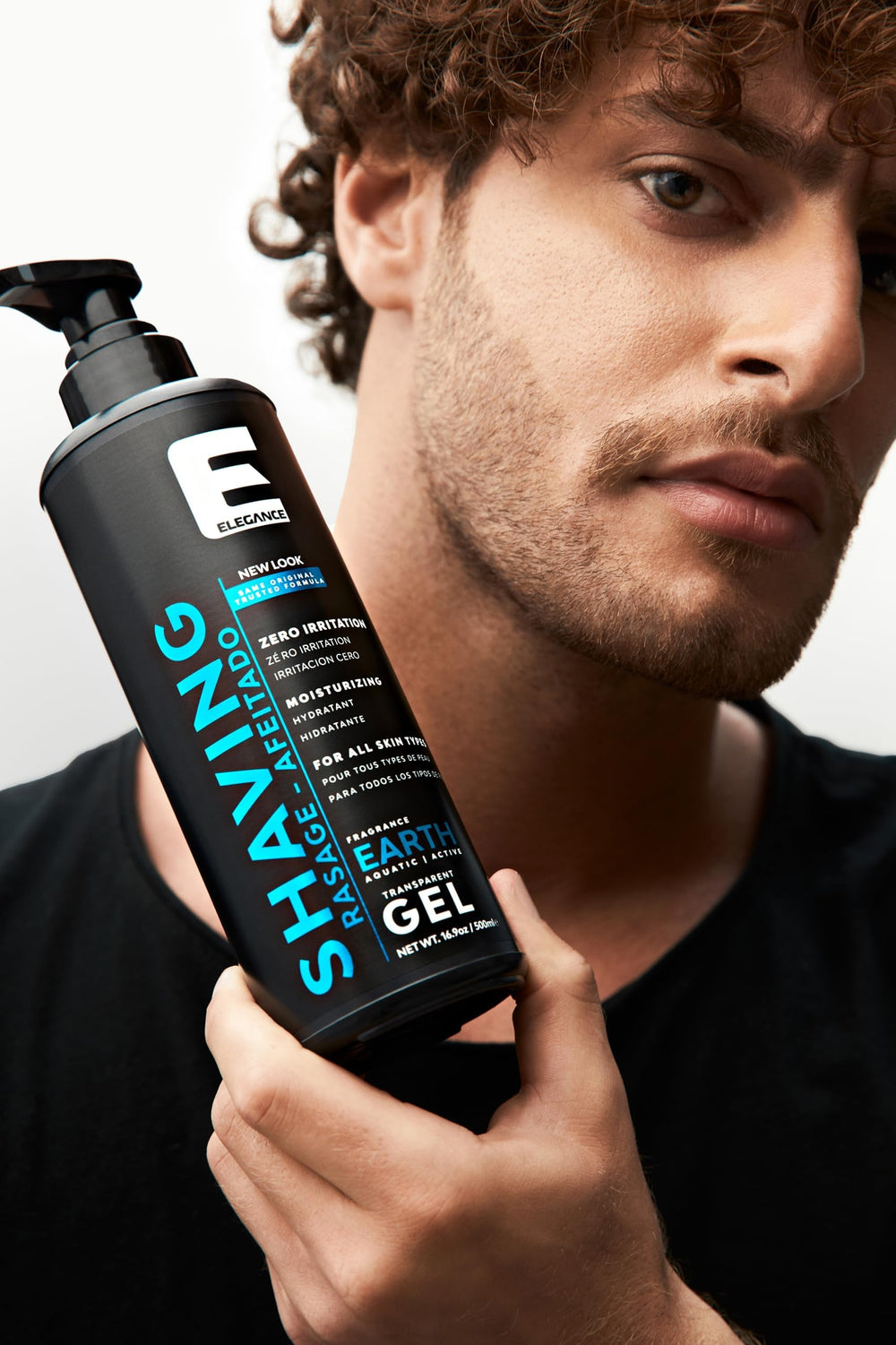 E Elegance clear gel applied on skin illustrates hydration during shave.