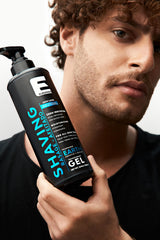 E Elegance clear gel applied on skin illustrates hydration during shave.