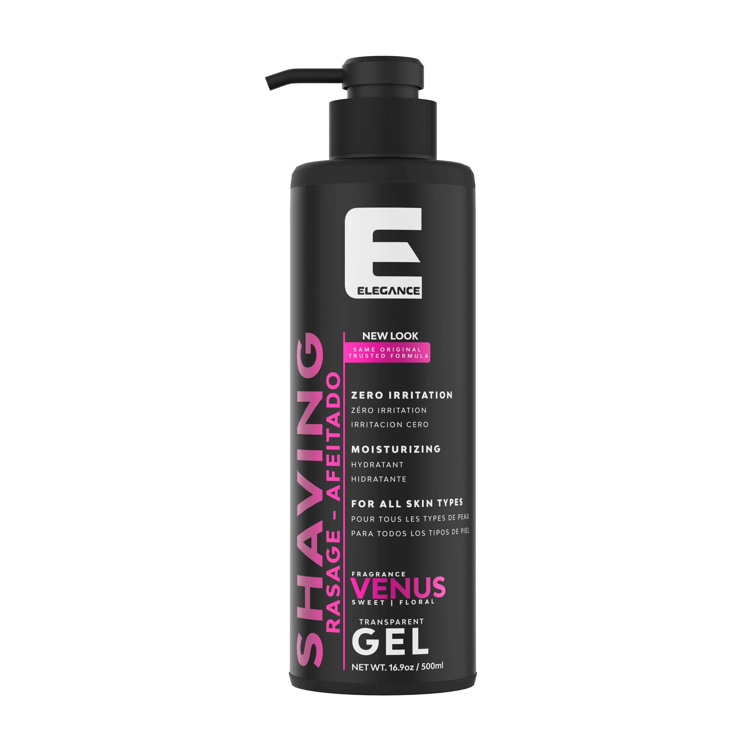 E Elegance transparent shaving gel bottle enabling precise, irritation-free shaving.