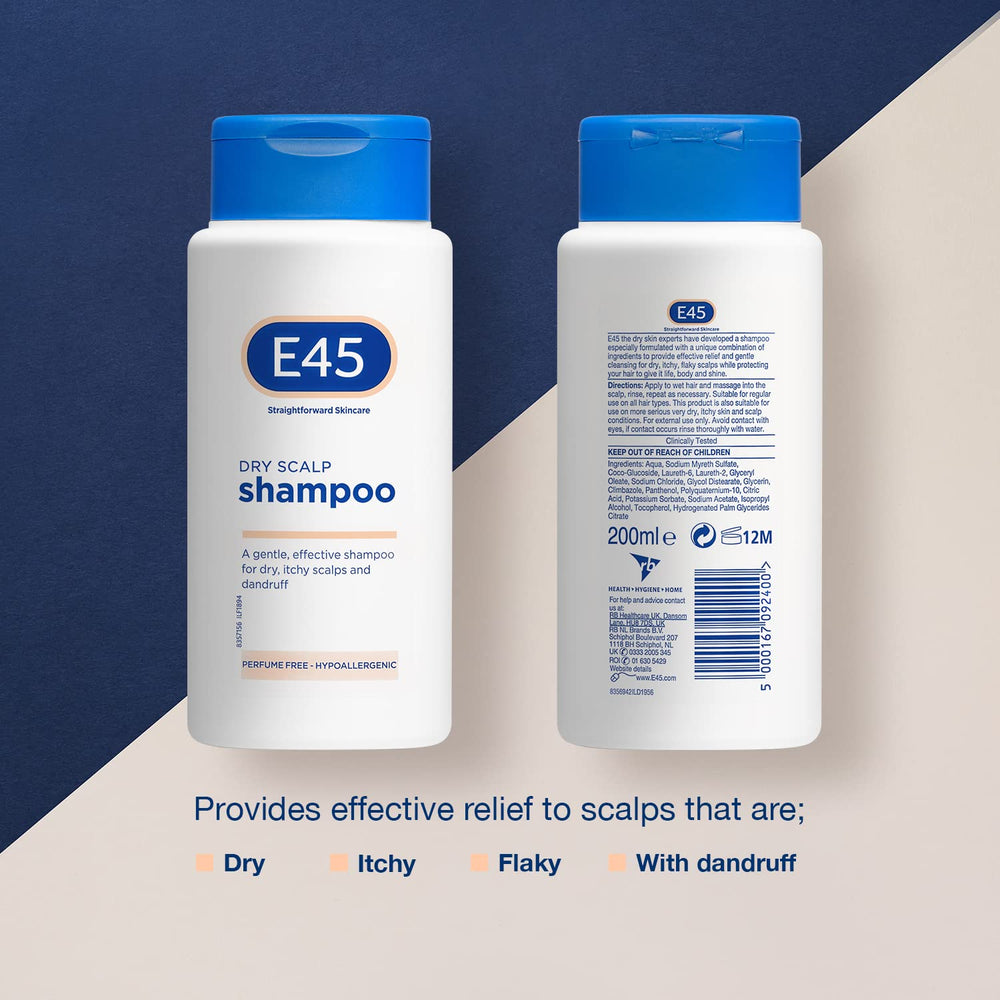 E45 shampoo application demonstrates dandruff care in use.