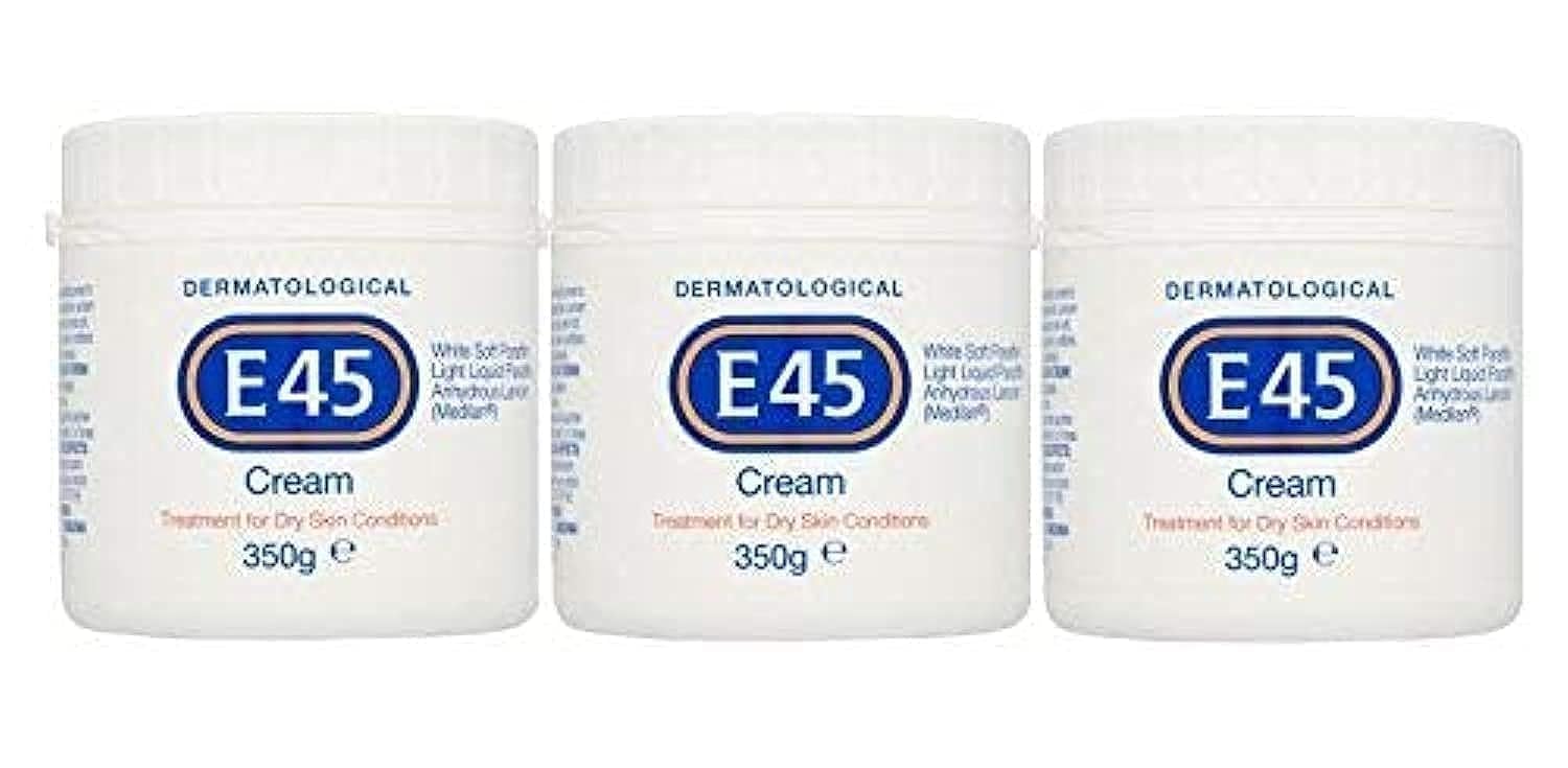 E45 Dermatological Cream jar for daily moisture and dry skin care.