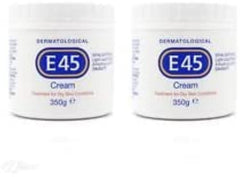 E45 dermatological cream close up texture ready for application on dry skin.