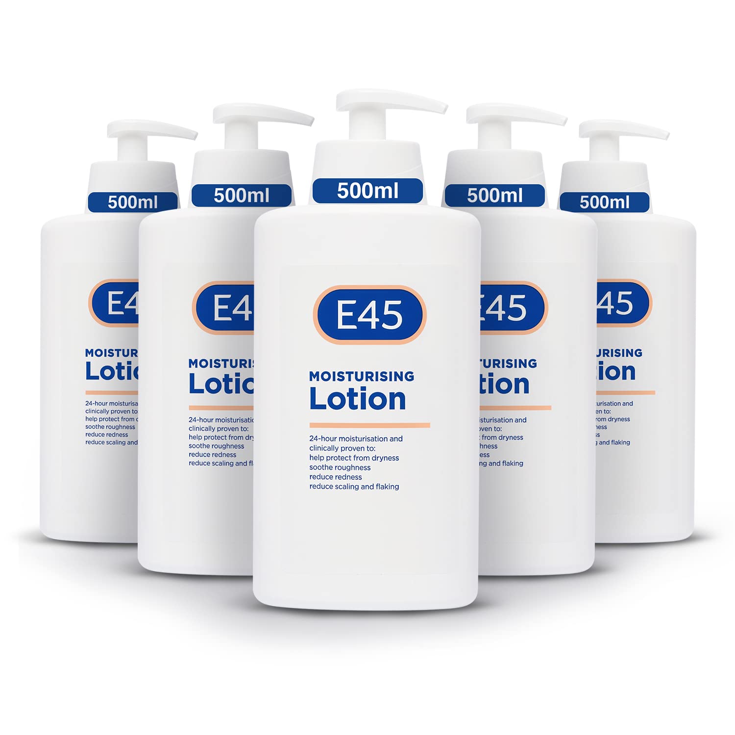 E45 dermatological moisturising lotion pack of five bottles for daily home hydration