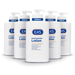 E45 dermatological moisturising lotion pack of five bottles for daily home hydration