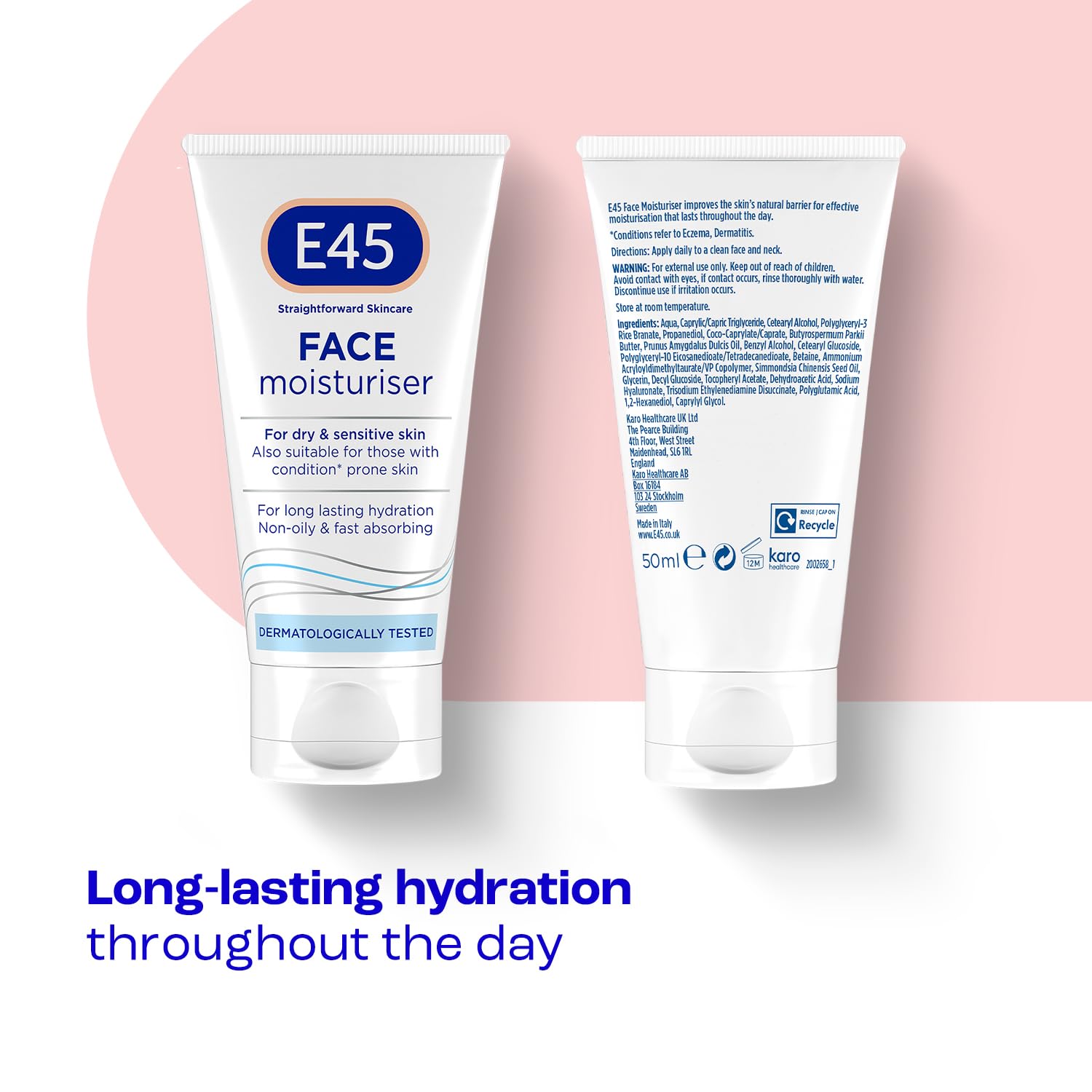 E45 packaging highlights dermatological testing for sensitive skin compatibility.