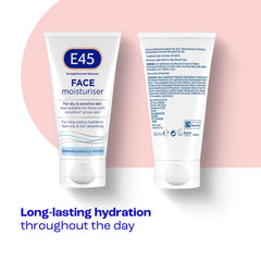 E45 packaging highlights dermatological testing for sensitive skin compatibility.