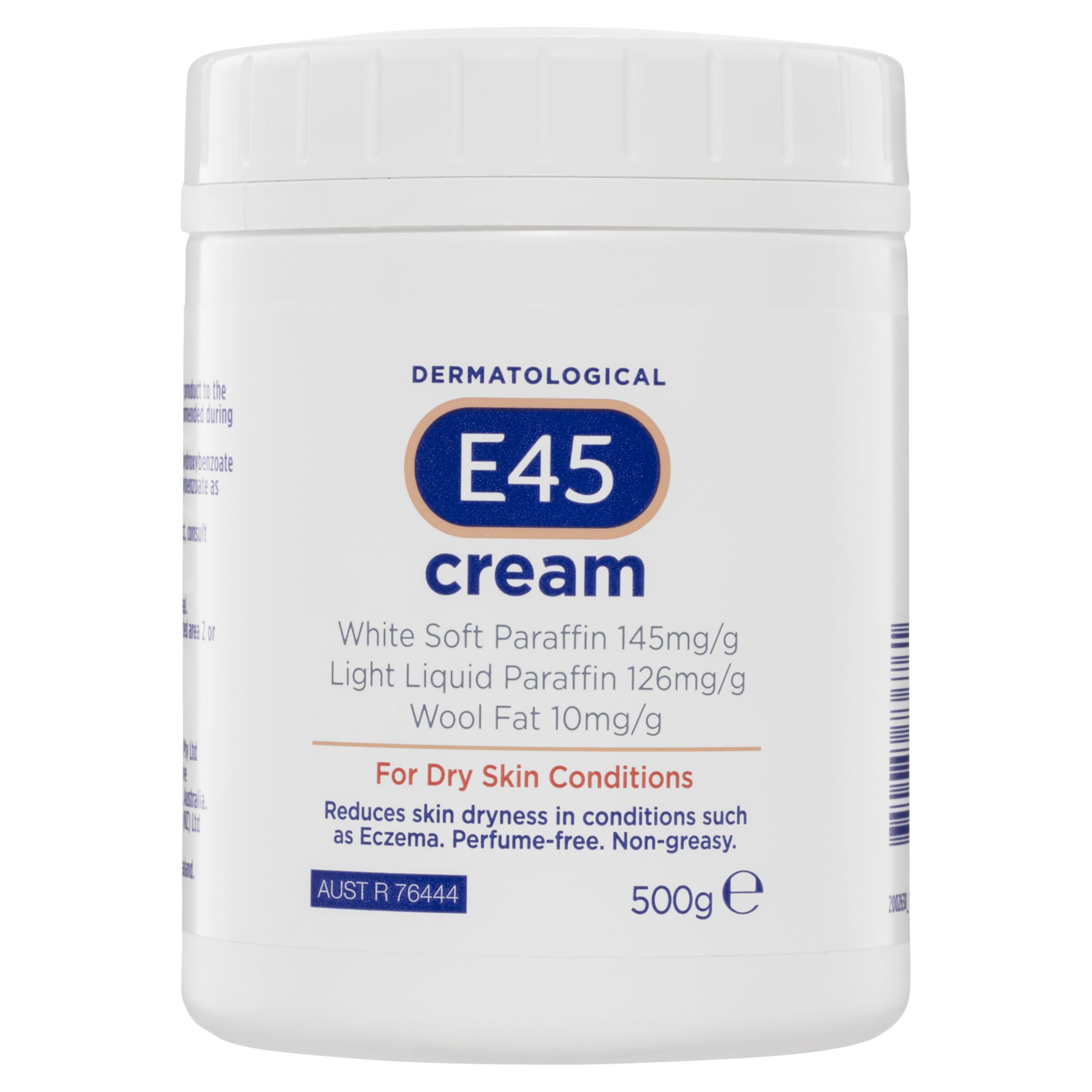 E45 moisturiser 500g tub close-up for daily dry skin care.