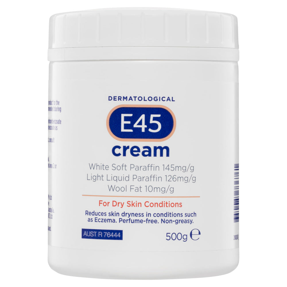 E45 moisturiser 500g tub close-up for daily dry skin care.