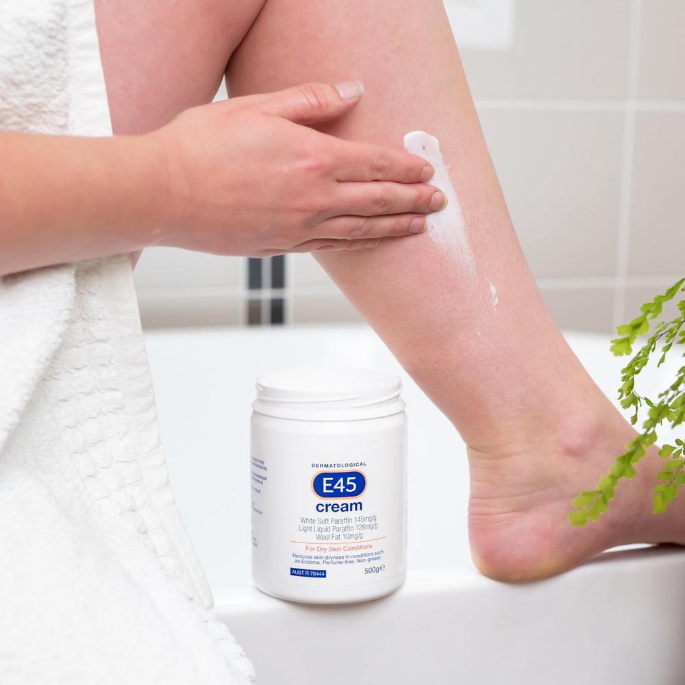 E45 moisturiser shown for sun-exposed skin care.