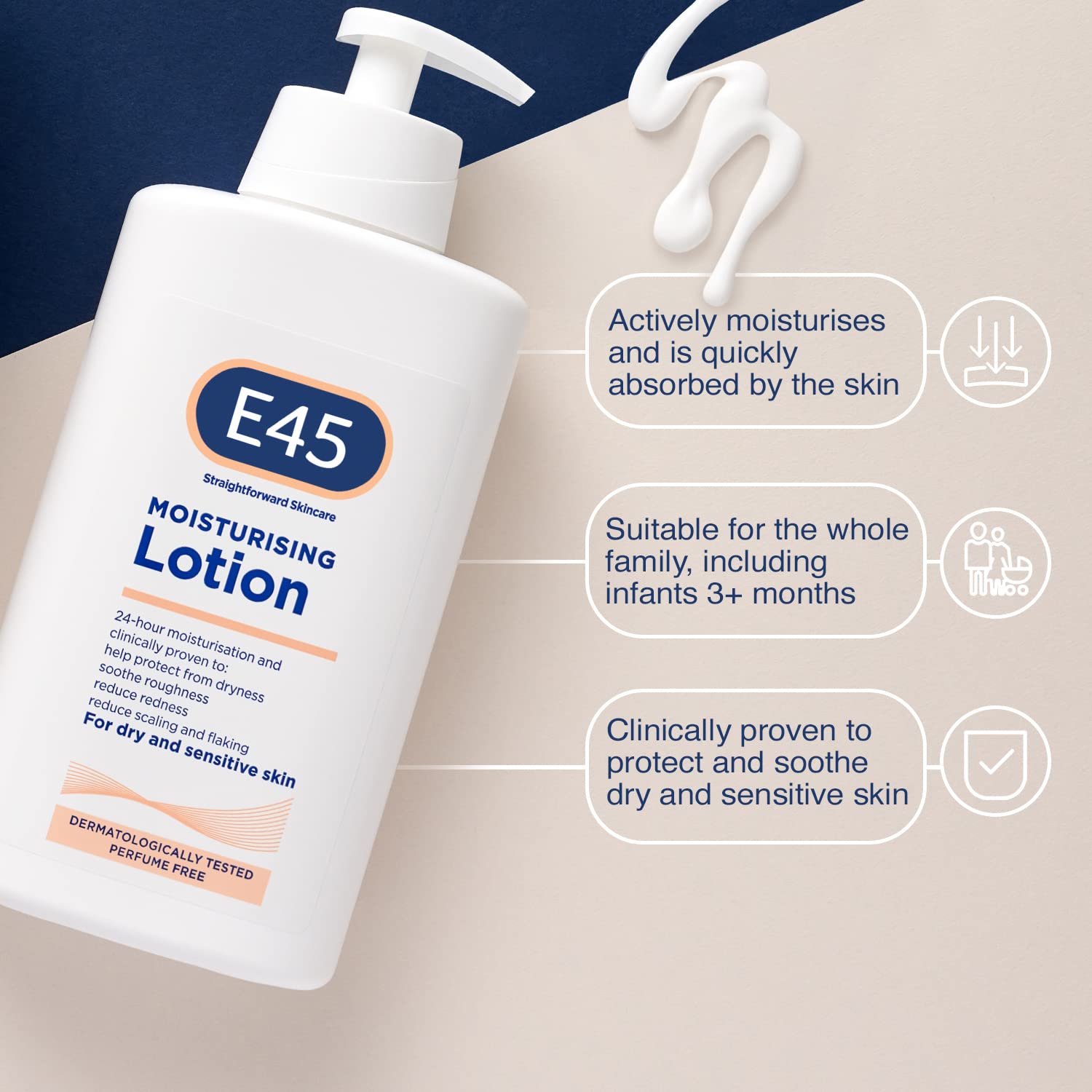 E45 moisturising lotion bottle designed for arms and legs hydration