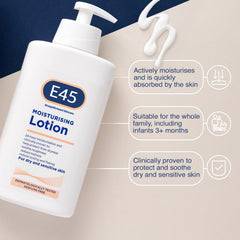 E45 moisturising lotion bottle designed for arms and legs hydration