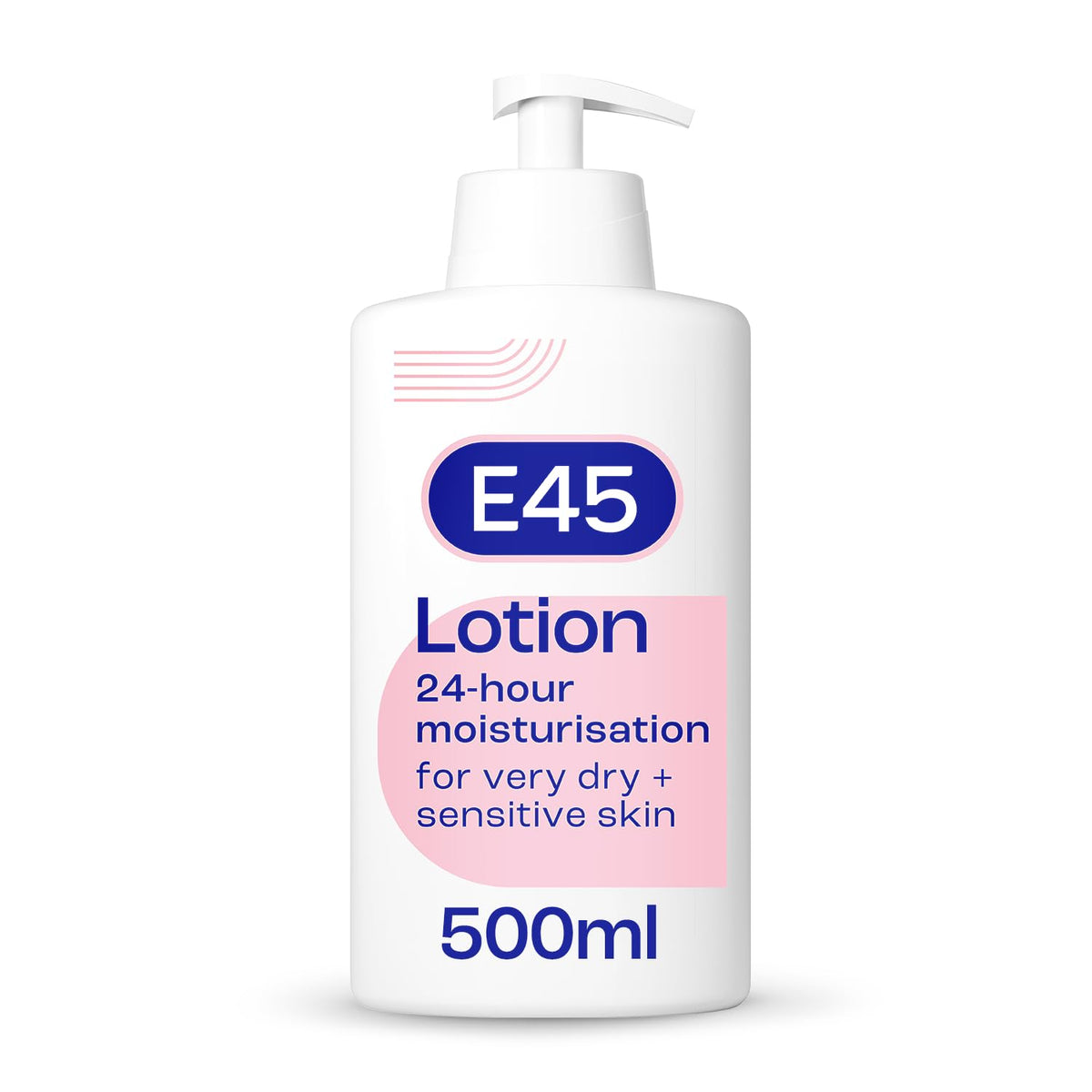E45 Moisturising Lotion bottle with pump for quick, fragrance-free hydration.