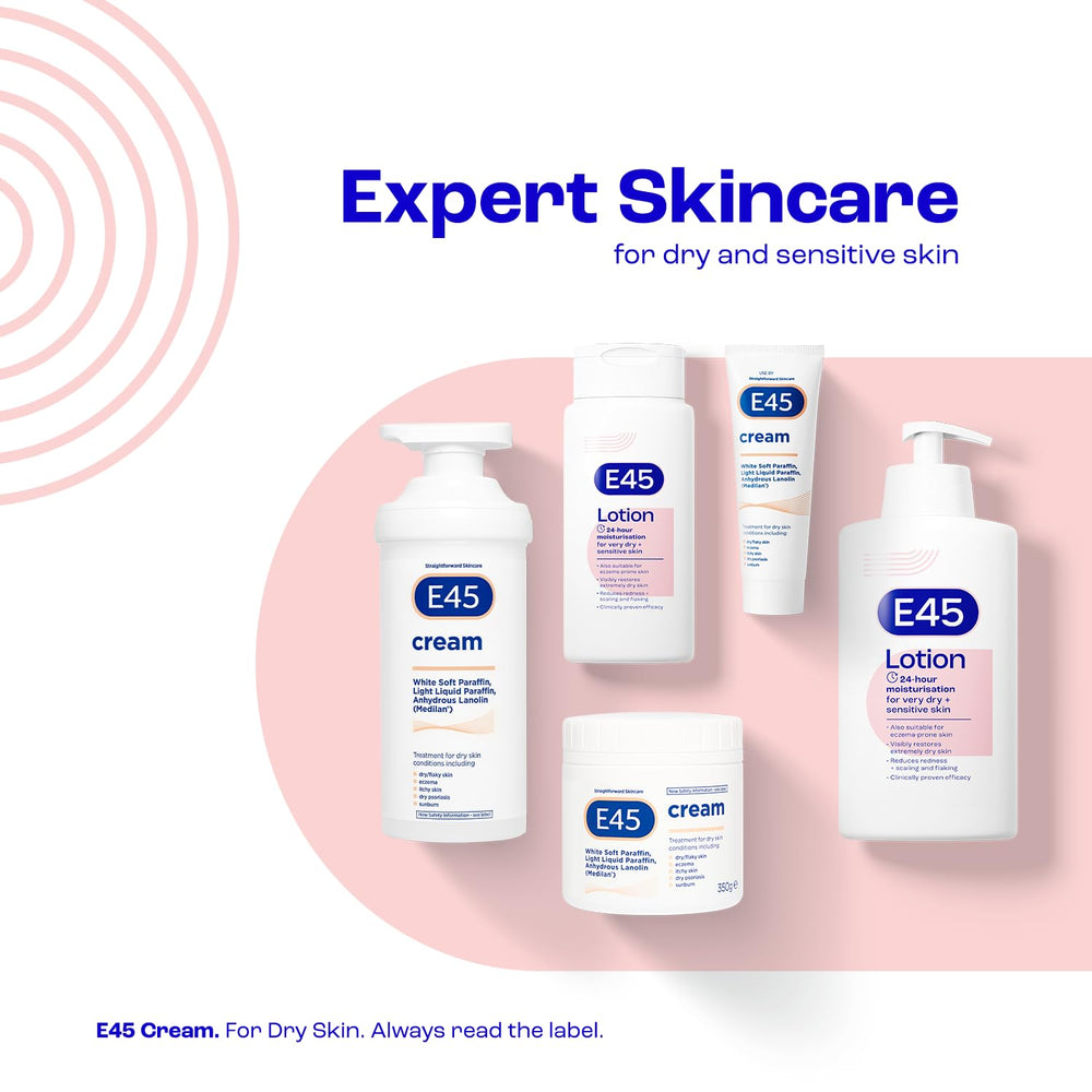 E45 Moisturising Lotion family-use scene with parents and kids.