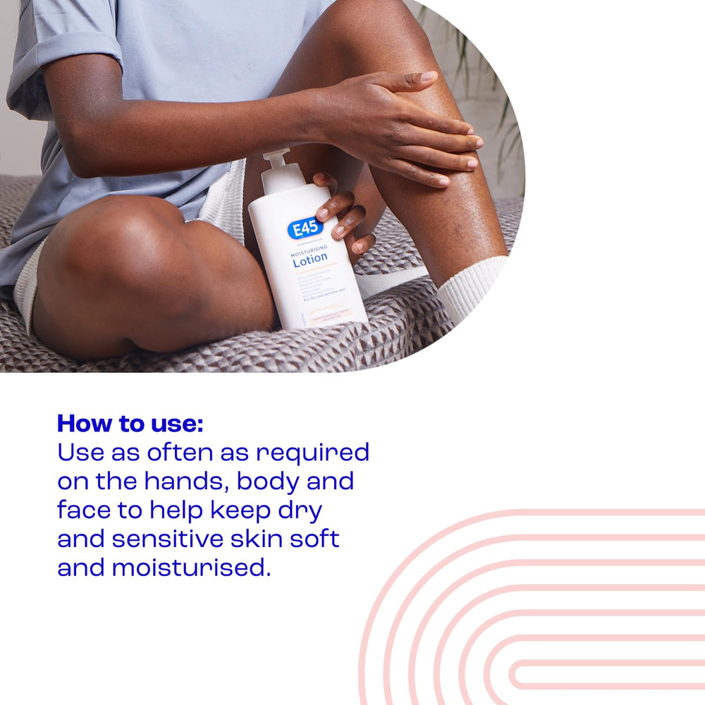 E45 Moisturising Lotion hand-application showing quick absorption.