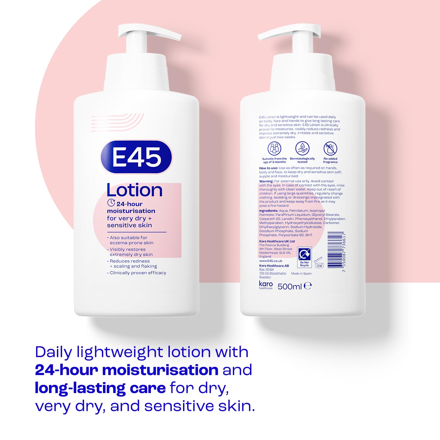 Closeup of E45 Moisturising Lotion label showing fragrance-free formula.
