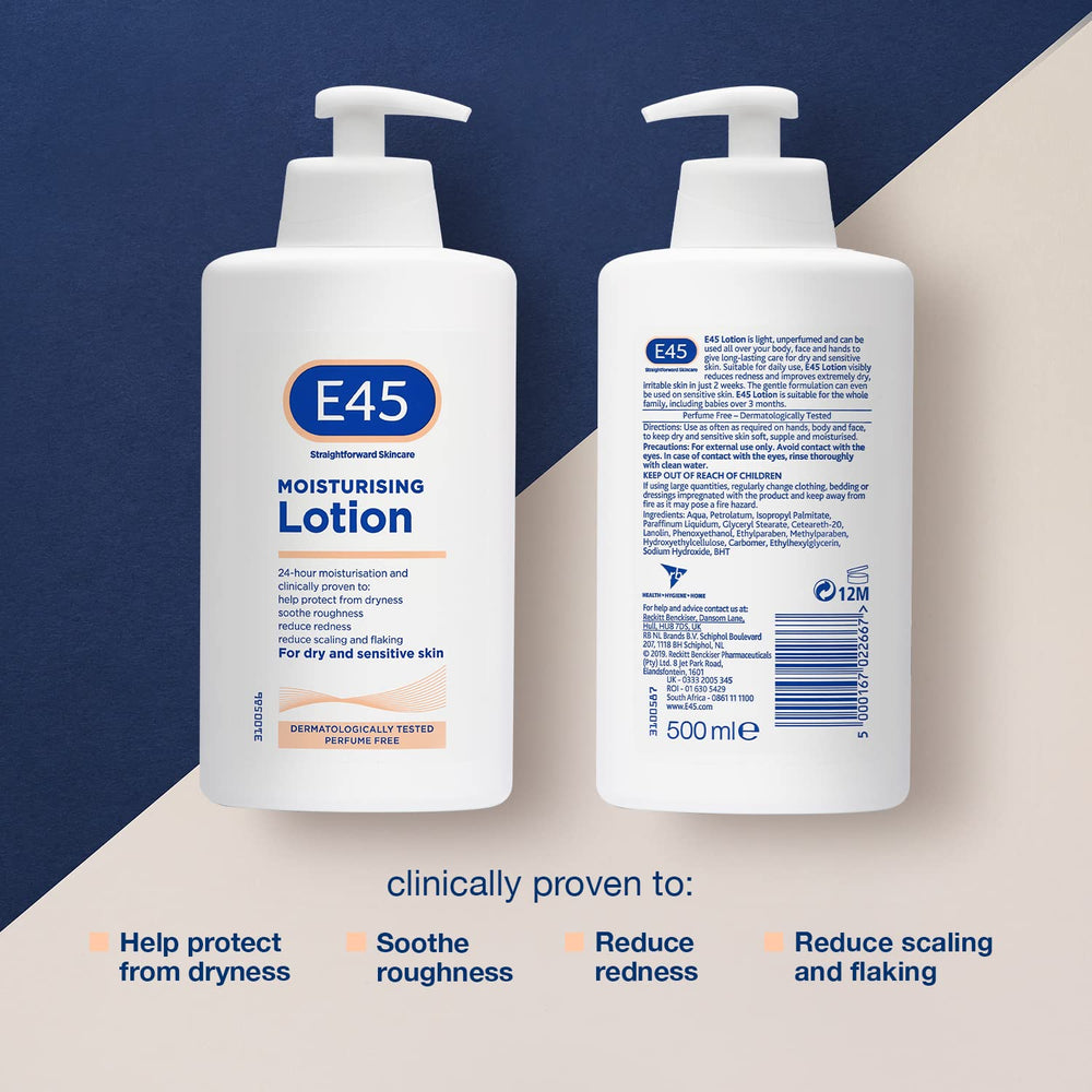 E45 moisturising lotion pump bottle for easy daily skin care on hands