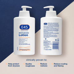 E45 moisturising lotion pump bottle for easy daily skin care on hands