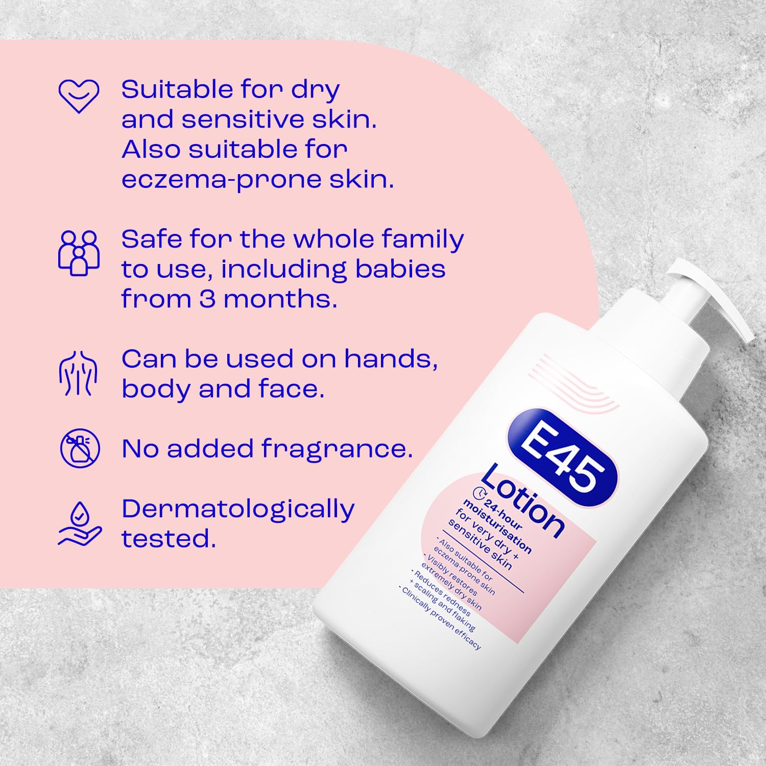 Texture swatch of E45 Lotion highlights light, non-greasy feel.