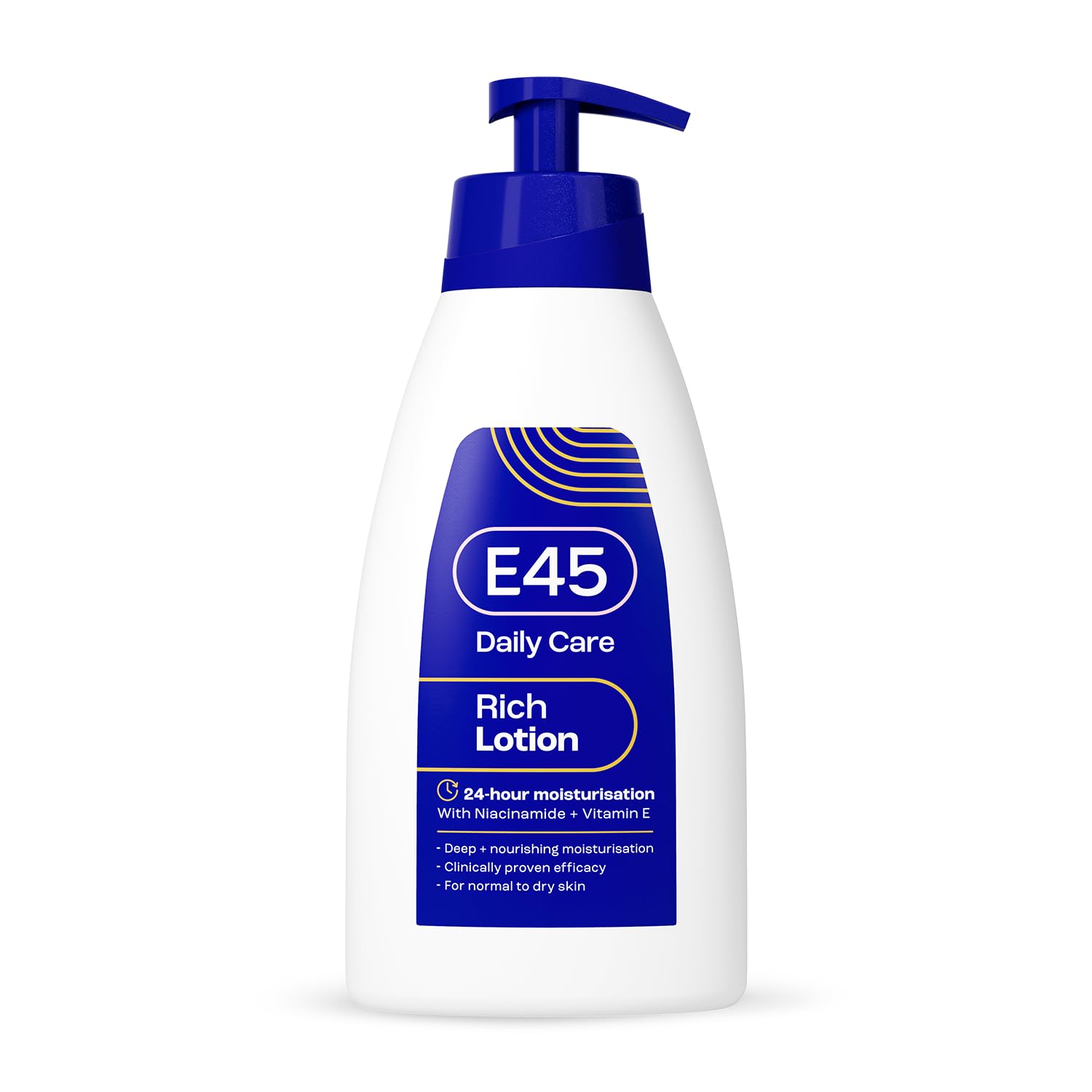 E45 Rich 24hr Moisturising Lotion bottle pump shows long-lasting hydration for dry skin