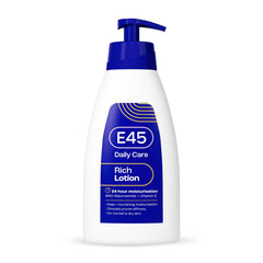 E45 Rich 24hr Moisturising Lotion bottle pump shows long-lasting hydration for dry skin