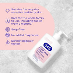 E45 bottle with pump indicates daily use for the whole family.