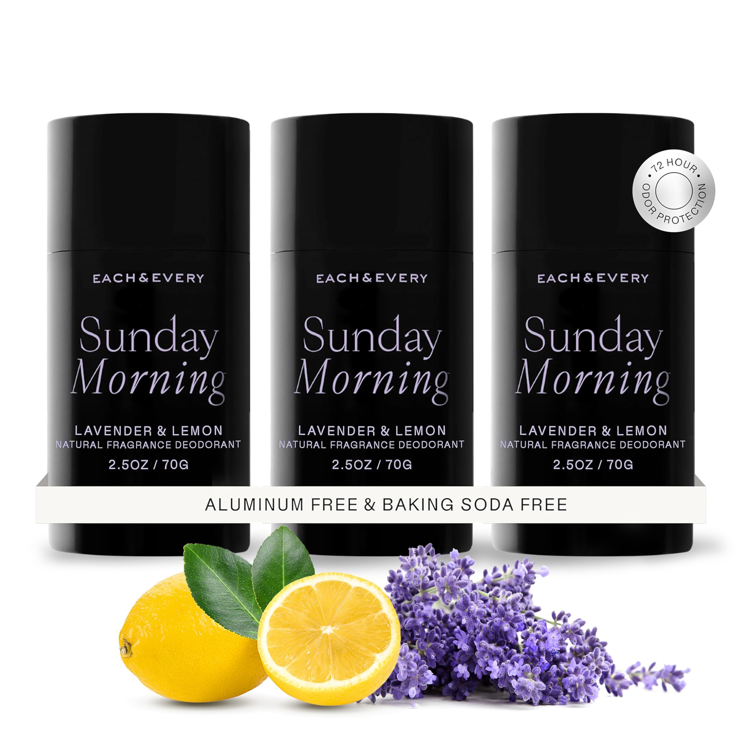 Each & Every aluminum-free deodorant packaging front emphasizes sustainable packaging and clean branding.