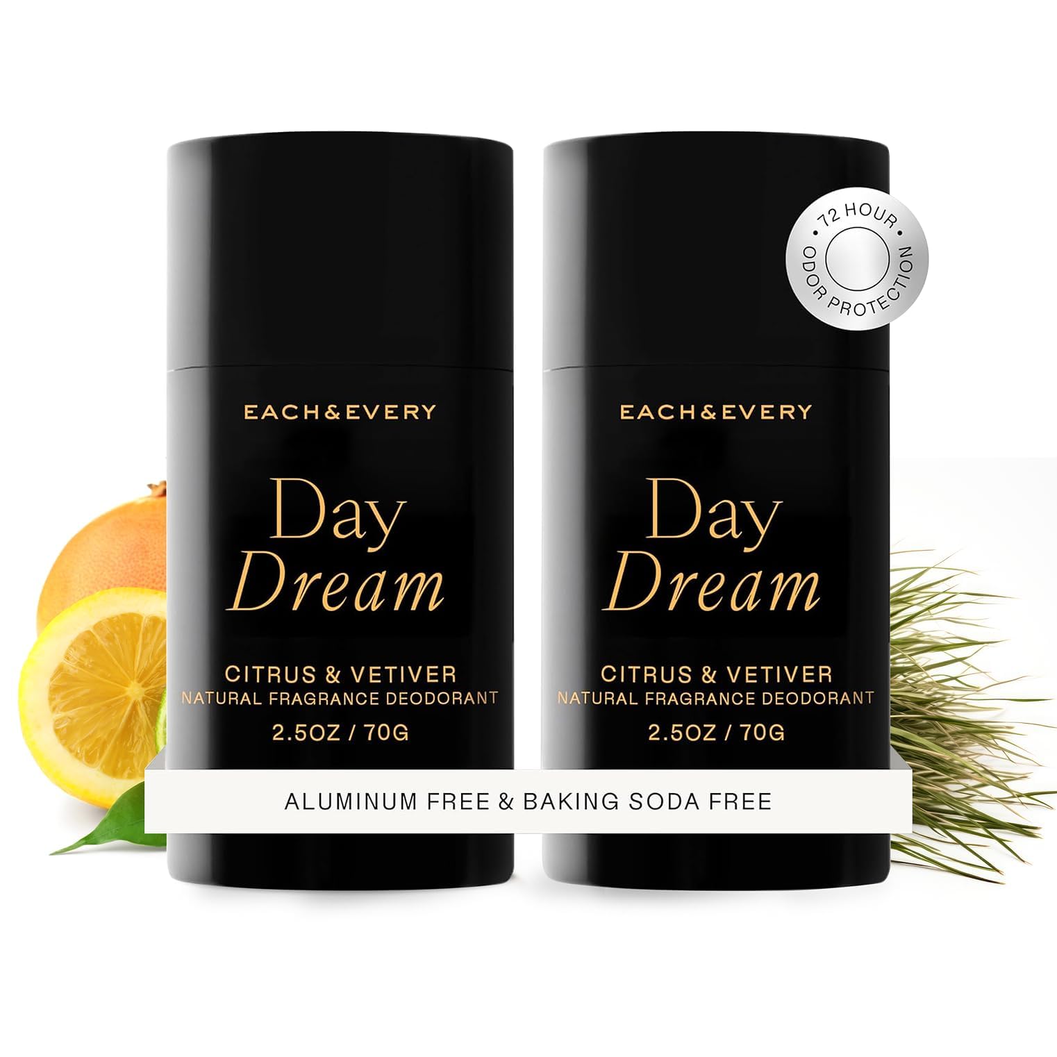 Each & Every Citrus Vetiver deodorant front pack view with aluminum-free protection.