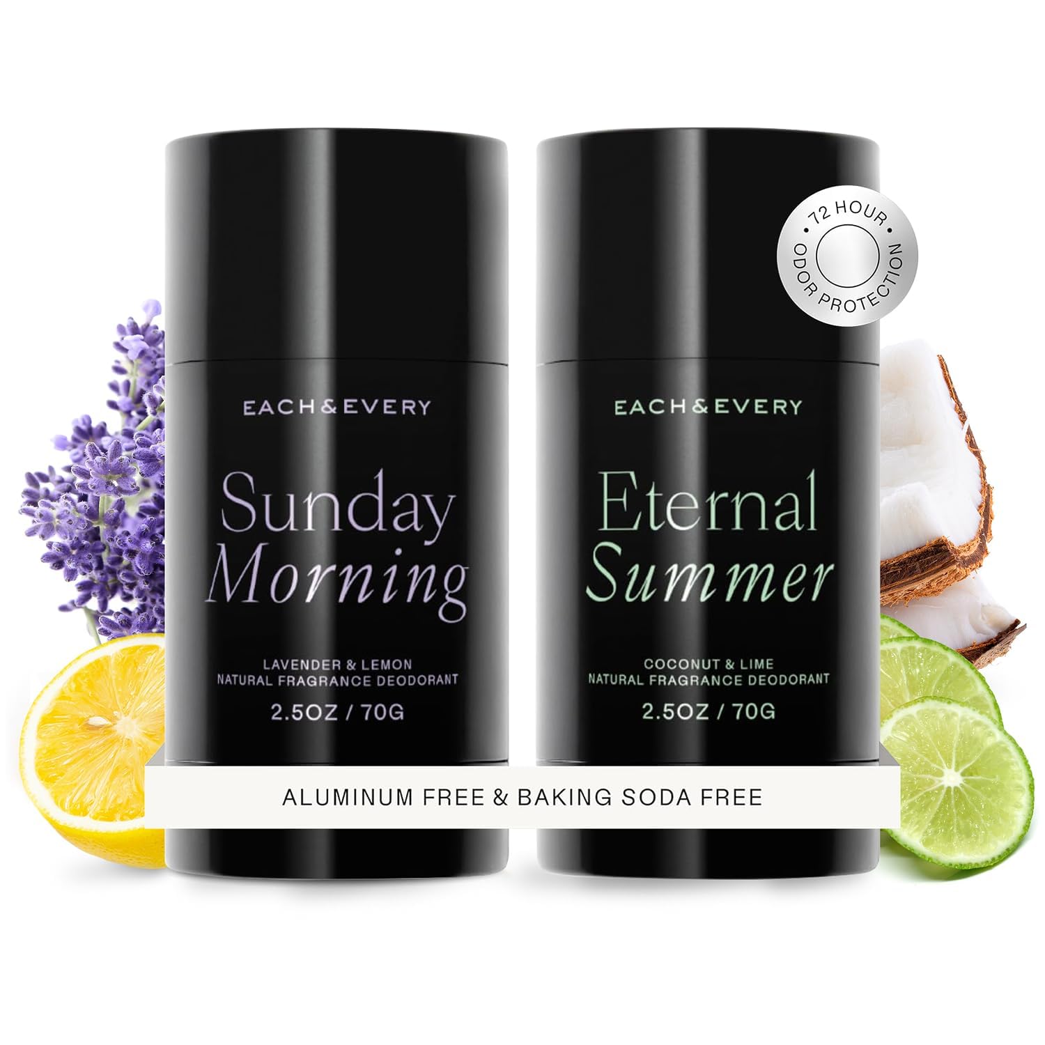 Each & Every lavender-lemon deodorant bottle showcases a refreshing natural scent for daily use.