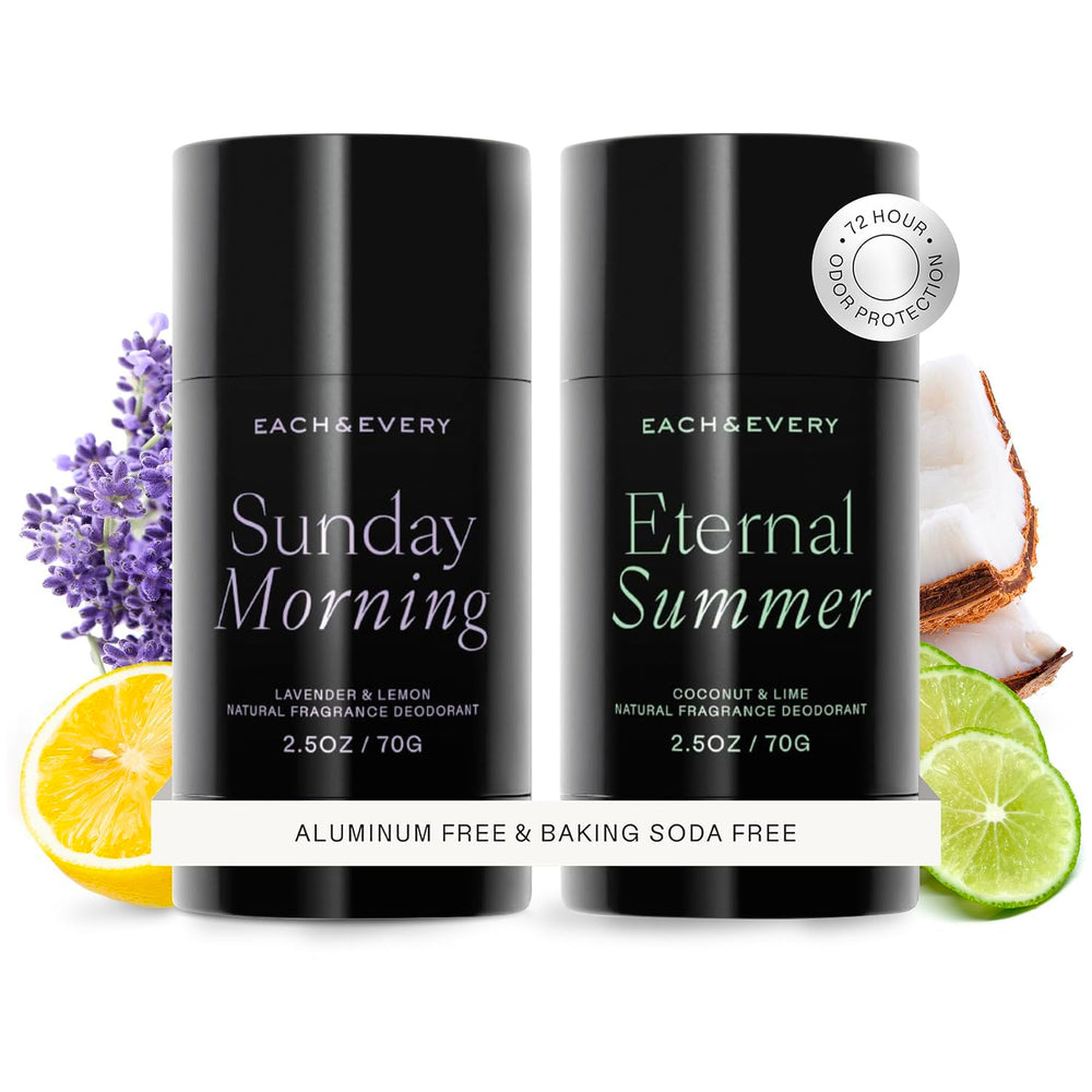Each & Every lavender-lemon deodorant bottle showcases a refreshing natural scent for daily use.
