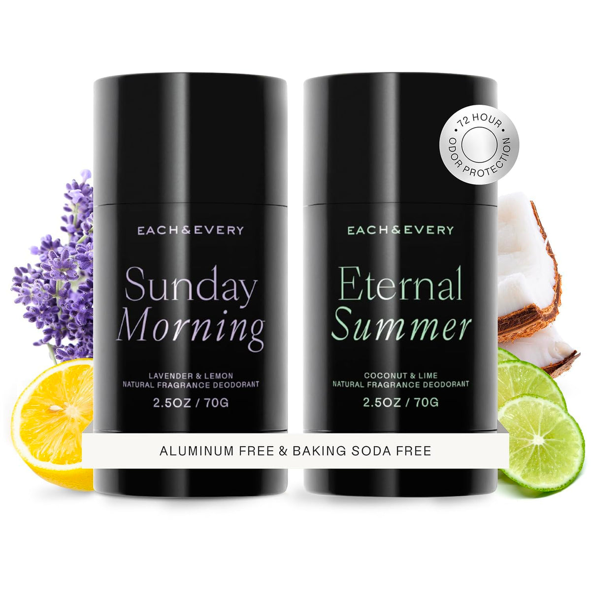 Each & Every lavender-lemon deodorant bottle showcases a refreshing natural scent for daily use.
