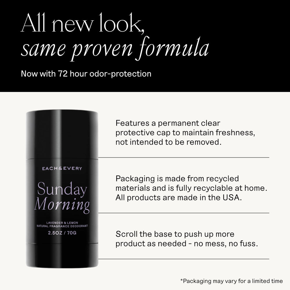 Each & Every lavender-lemon deodorant, calming aroma for daily wear.