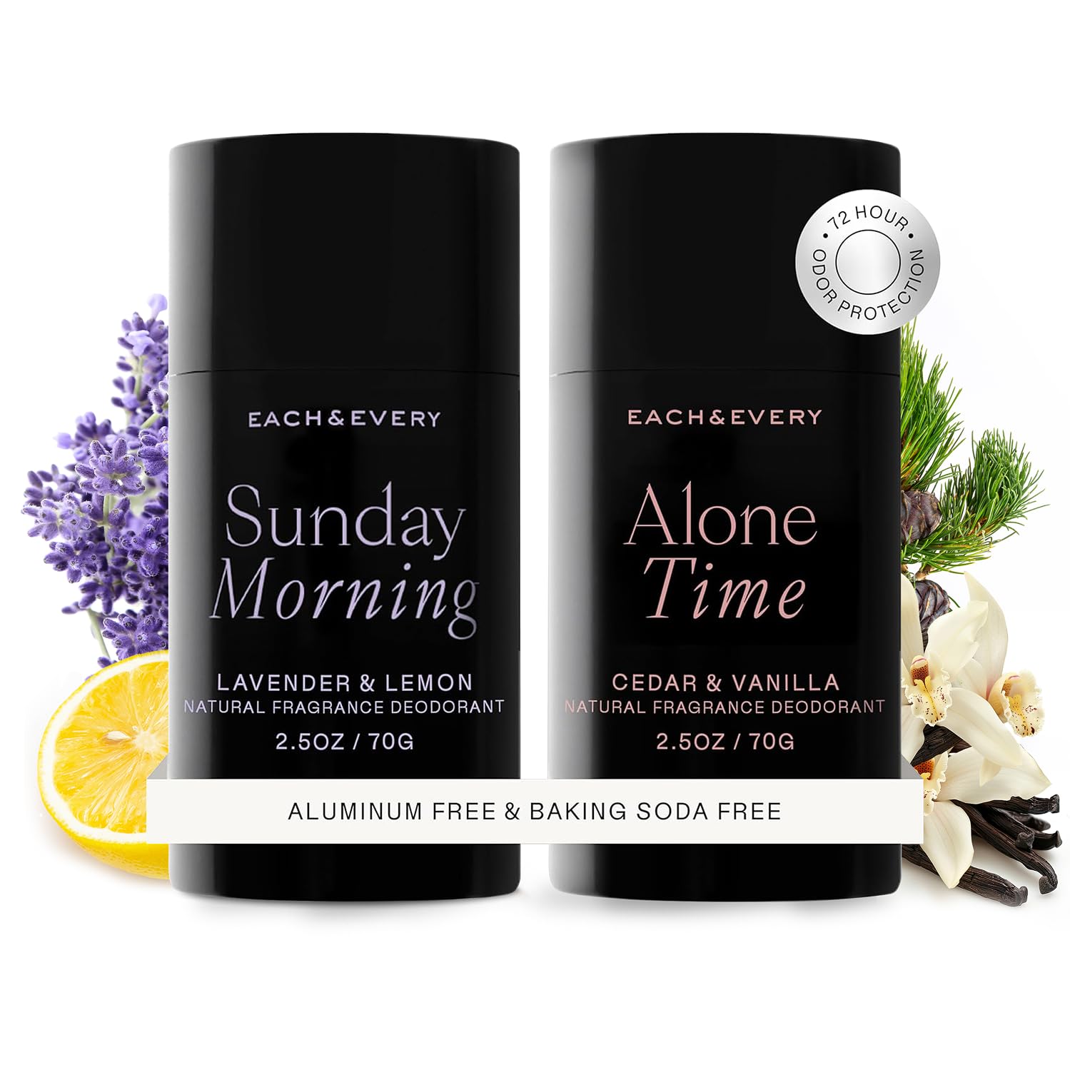 Each & Every lavender-lemon deodorant bottle for all-day odor protection with a gentle, natural formula.