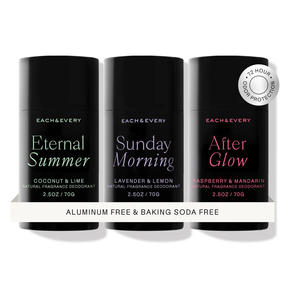 Each & Every Raspberry and Mandarin deodorant bottle with fresh scent and all-day odor control.