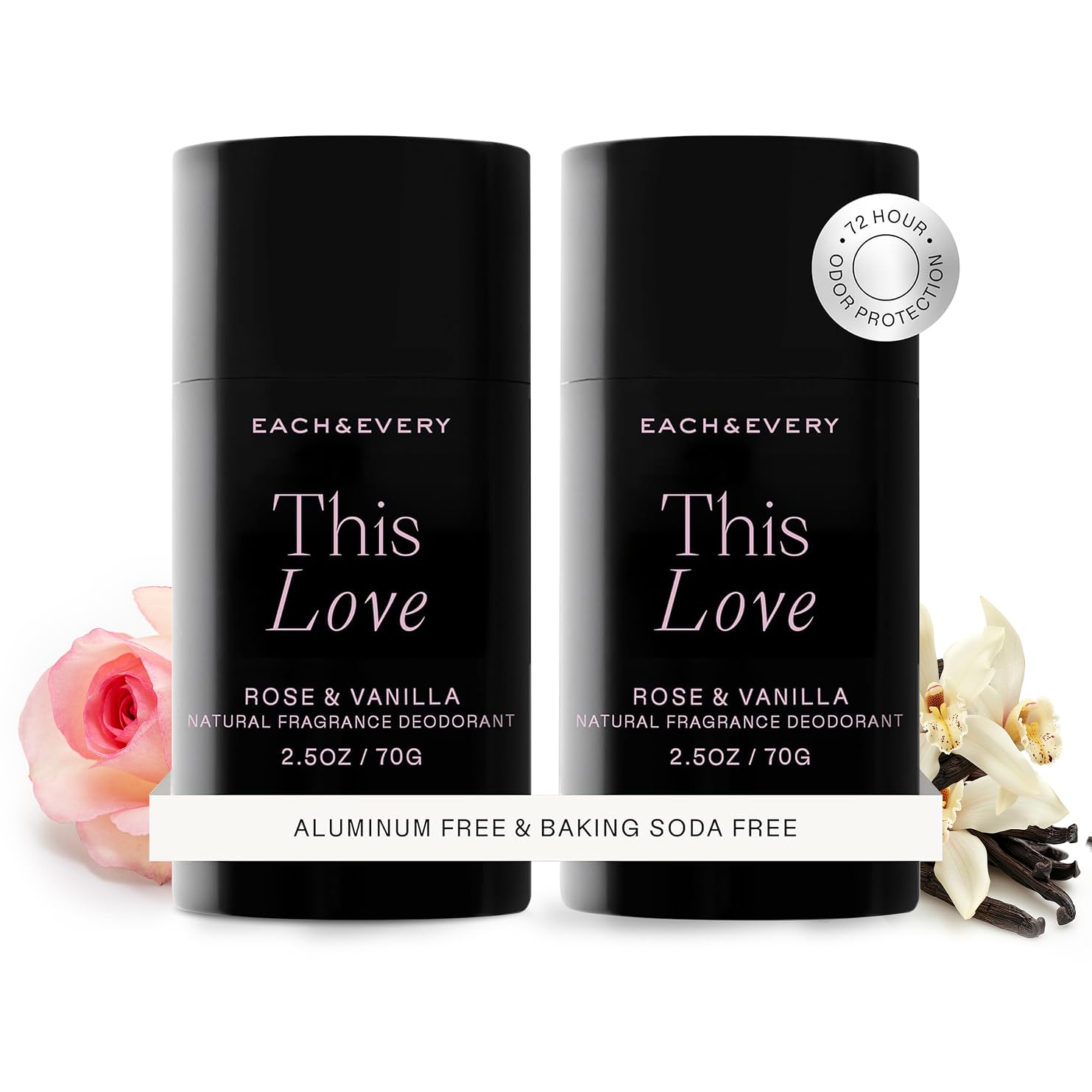 Each & Every Rose Vanilla deodorant bottle showcasing aluminum-free protection for sensitive skin.