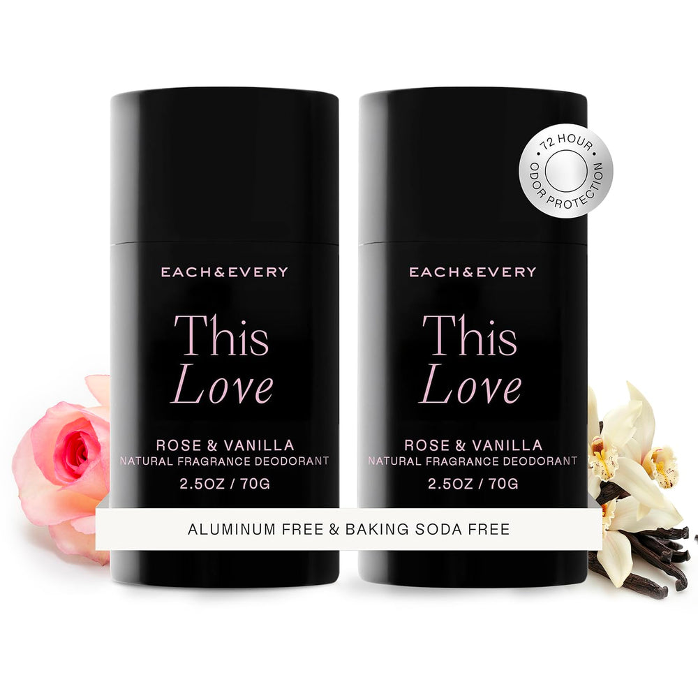 Each & Every Rose Vanilla deodorant bottle showcasing aluminum-free protection for sensitive skin.