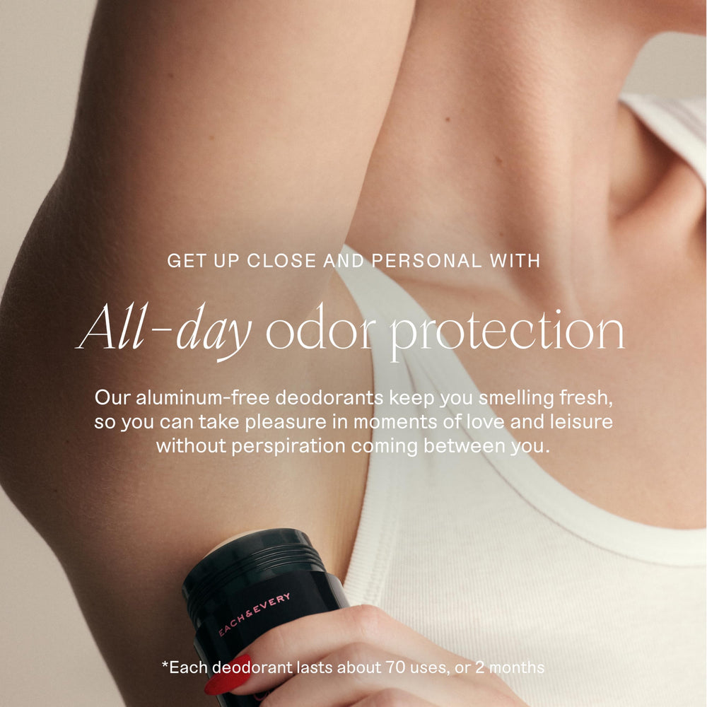 Close-up of recyclable packaging for Each and Every deodorant.