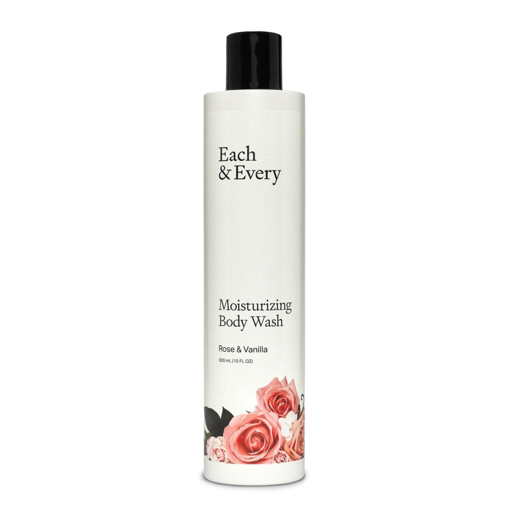 Each & Every sensitive skin body wash bottle with rose and vanilla for gentle cleansing
