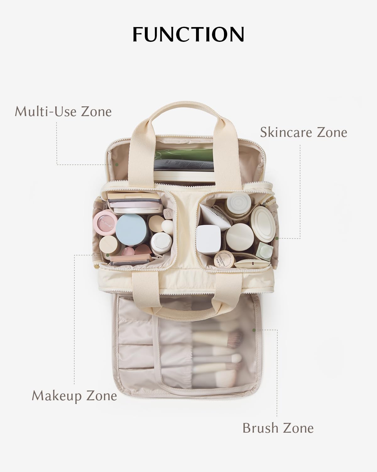 EACHY beige bag highlights cloud texture and travel-ready organization for neat beauty storage.