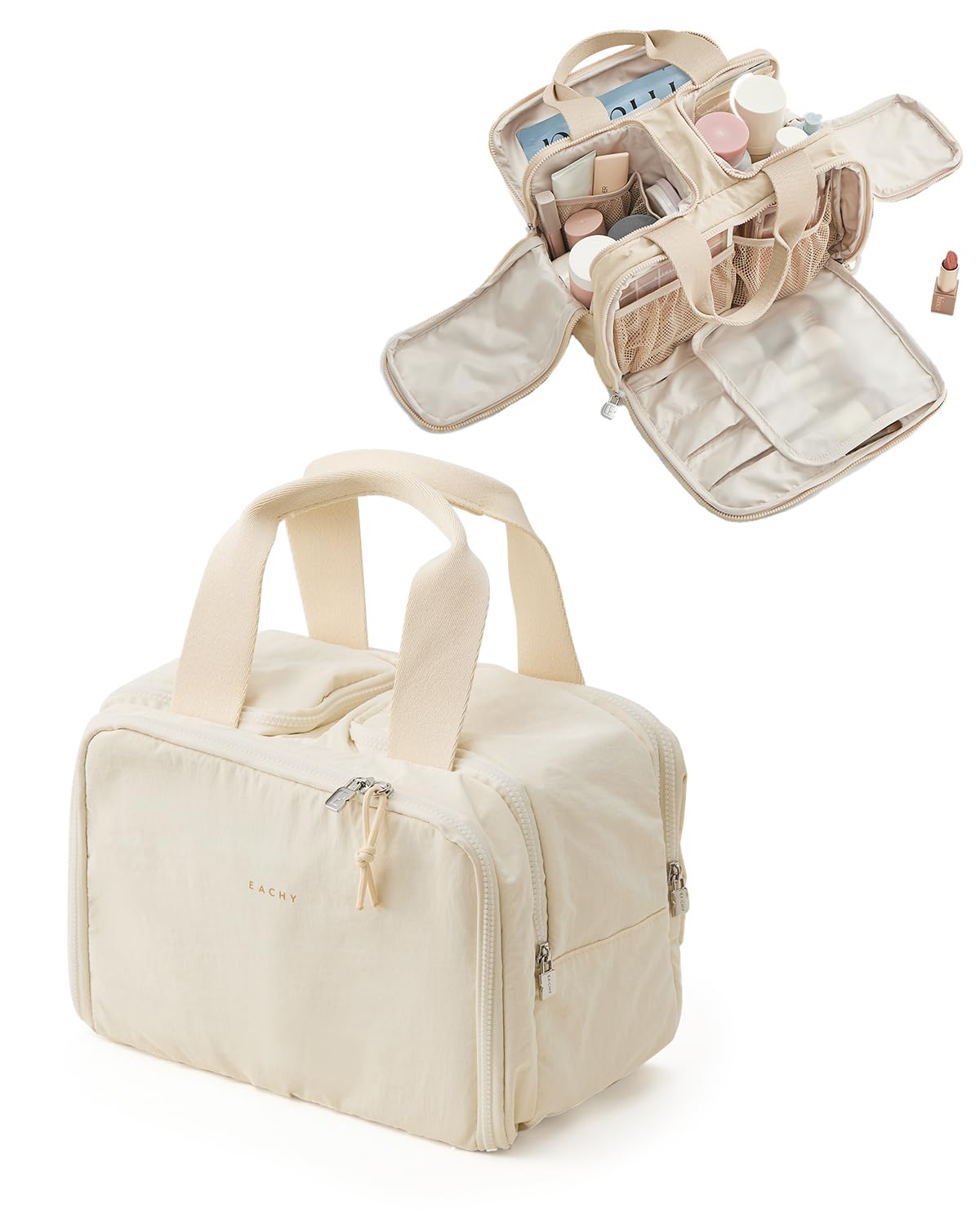 EACHY Travel Makeup Bag with Handle showcases wide opening for easy cosmetics access.