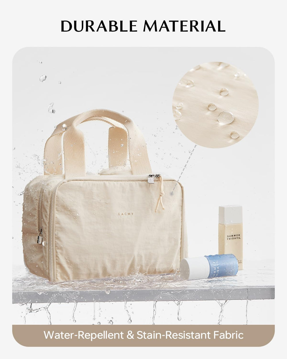EACHY middle compartment keeps bottles upright to prevent leaks.