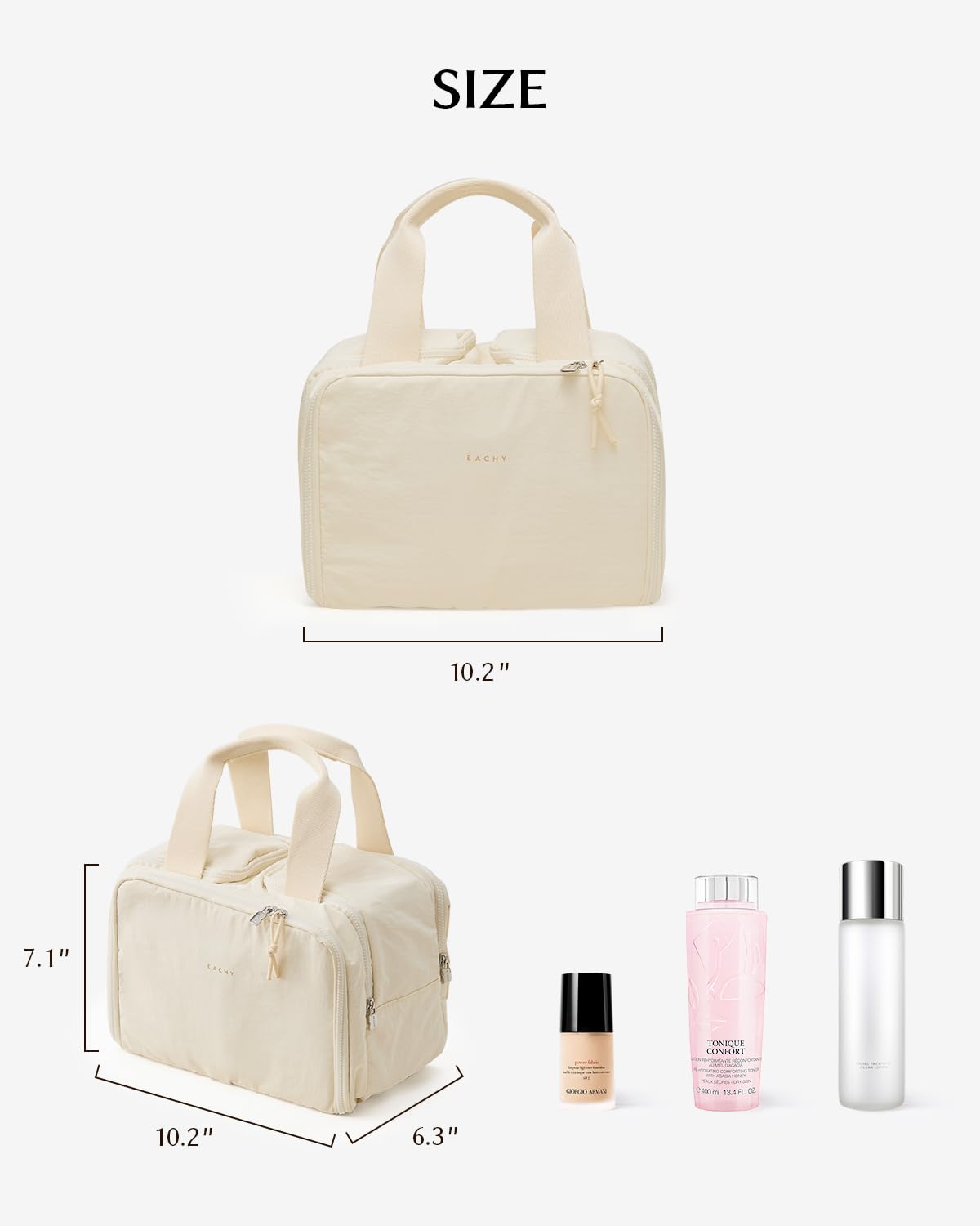 EACHY wide-opening design enables quick access at vanity or on the go.